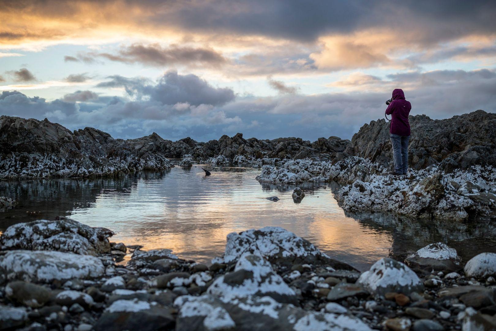 Person overlooking water and rocks